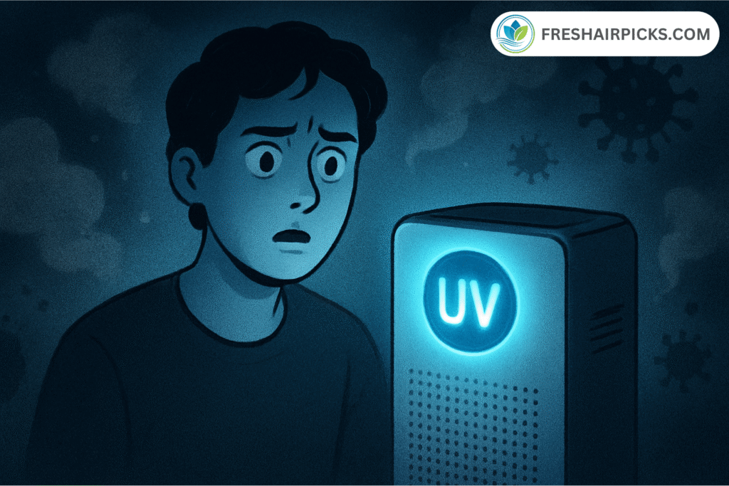 A man looks confused and worried, staring at the glowing blue 'UV' button on his air purifier, with illustrations of viruses in the background.