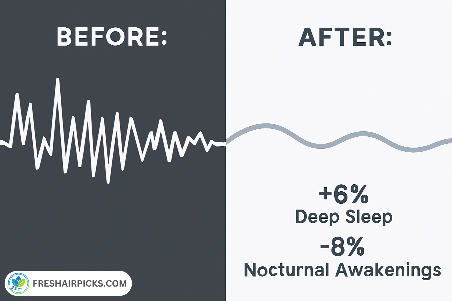 Clinical data graphic comparing sleep fragmentation (Before) to smooth sleep cycles (After), highlighting +6% Deep Sleep and -8% Nocturnal Awakenings.