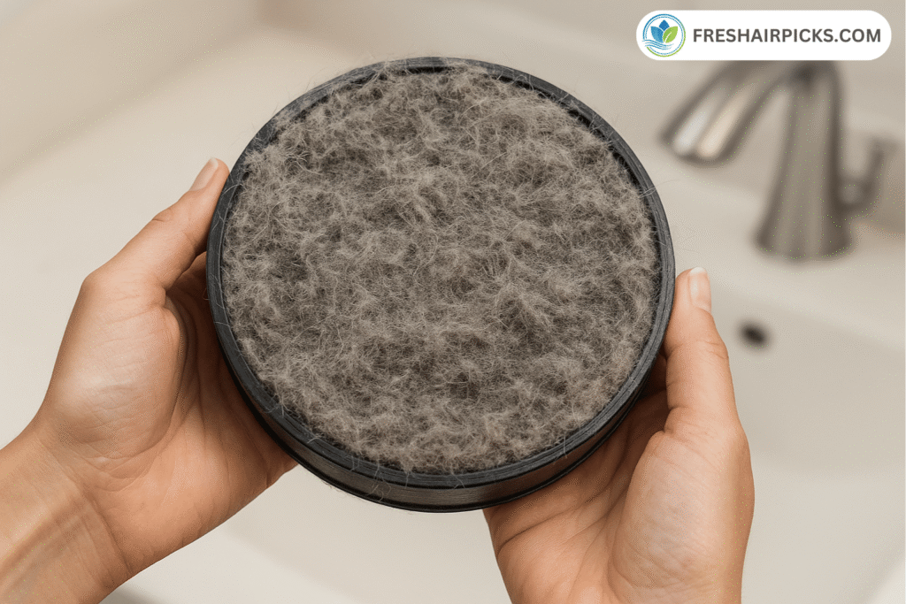 A person holds a round, dirty air purifier pre-filter completely caked in a thick layer of pet hair and dust, demonstrating the need for a washable pre-filter.