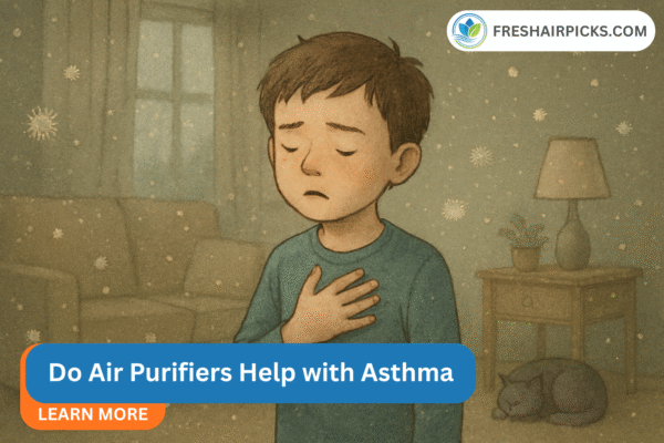 Illustration of a sad child surrounded by airborne particles with text Do Air Purifiers Help with Asthma.