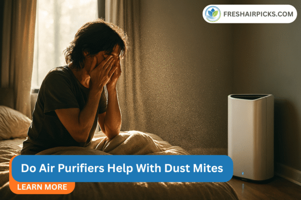 Woman sitting in bed covering face due to dust allergy with text overlay Do Air Purifiers Help With Dust Mites.
