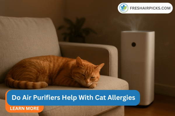 Ginger cat sleeping on a sofa next to an air purifier, with the article title "Do Air Purifiers Help With Cat Allergies" text overlay.