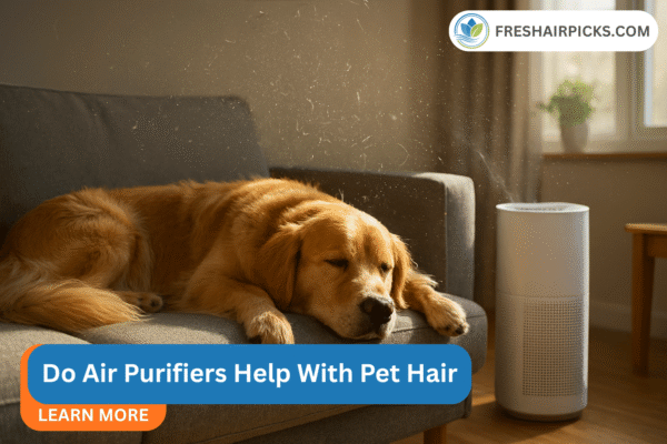 A golden retriever dog sleeping on a sofa next to an air purifier cleaning the air from pet hair, with the article title 'Do Air Purifiers Help With Pet Hair' overlaid.