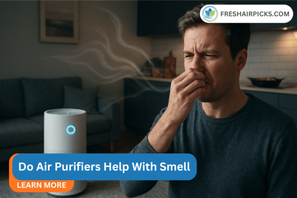 Article featured image: A frustrated man reacts to a bad smell while an air purifier is in the background. Text overlay reads: 'Do Air Purifiers Help With Smell'.