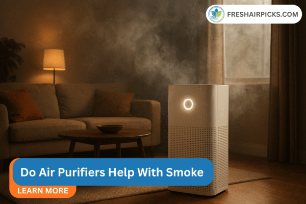 An air purifier in a smoky living room with the text overlay: Do Air Purifiers Help With Smoke? Learn More. Freshairpicks.com.