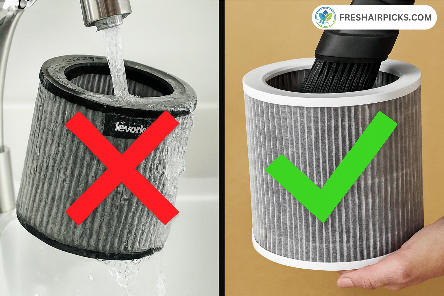 Comparison showing water damaging a Levoit filter vs safe vacuuming method.