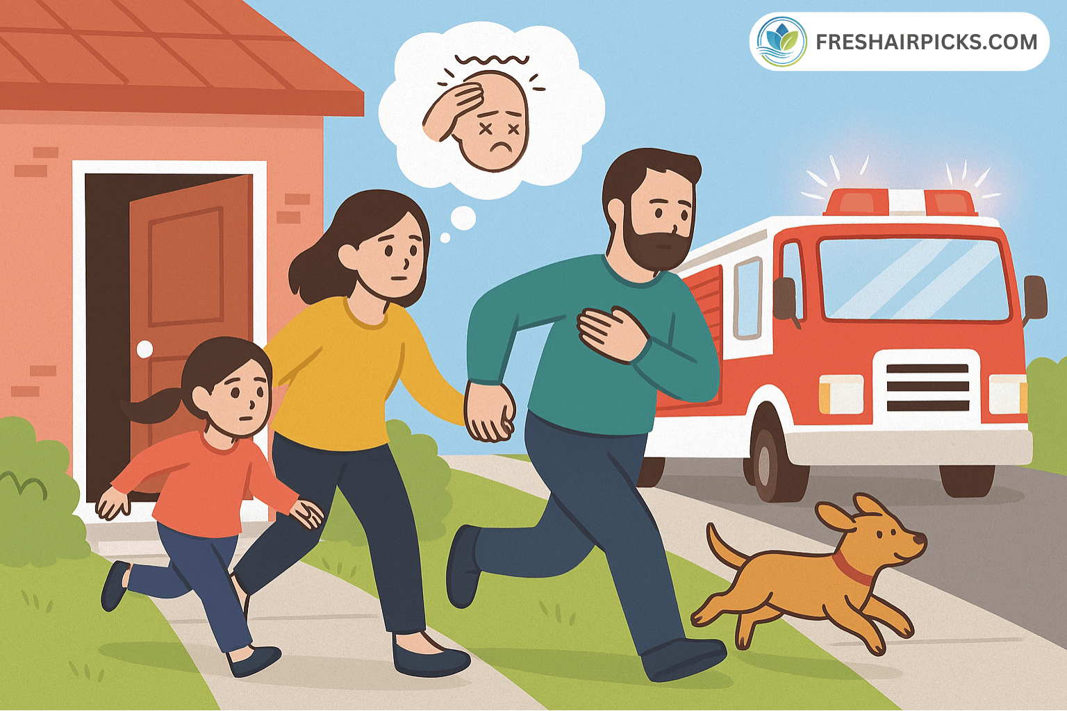 An illustration of a family (including a child and dog) evacuating their home due to a CO alarm. A thought bubble shows a symptom (headache) and a fire truck is in the background.