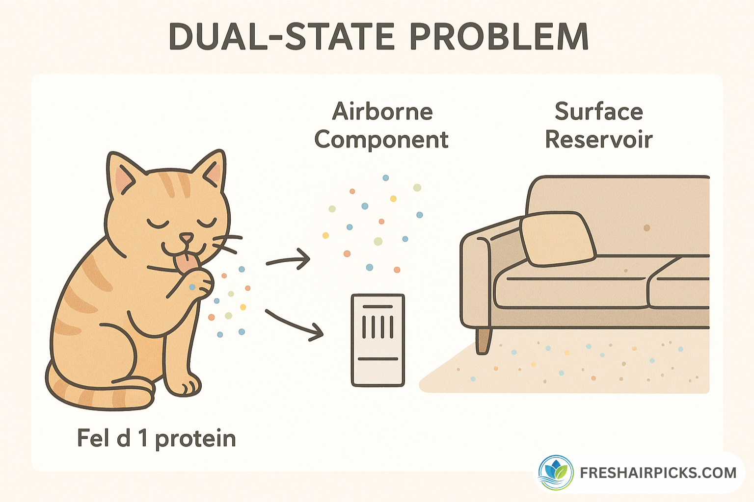 Diagram showing cat grooming releasing Fel d 1 protein into airborne particles and settling as surface reservoir on furniture