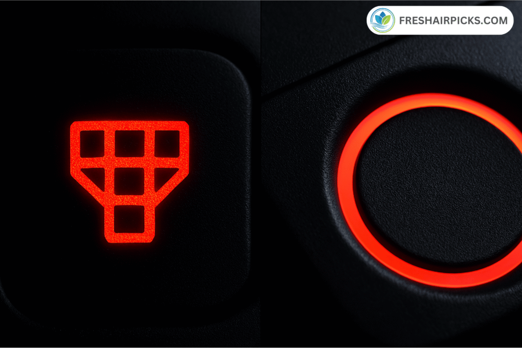 Split comparison showing a red filter replacement grid icon versus a red LED air quality ring light.
