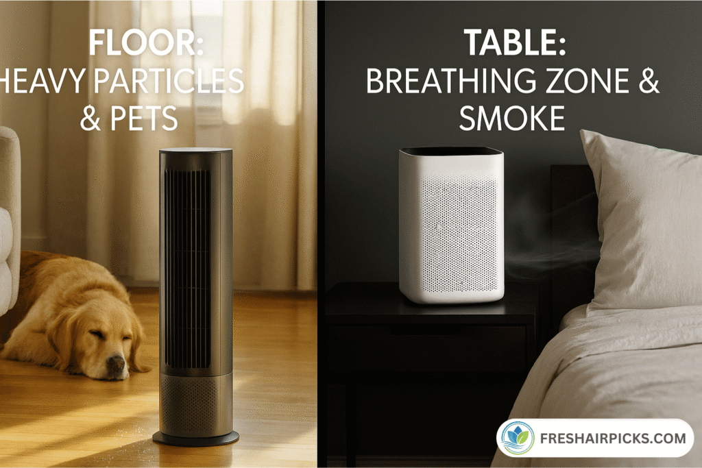 Split image comparing air purifier on floor for pet dander versus on a table for smoke and breathing zone.