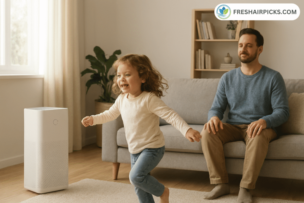 A happy child running in a clean living room with an air purifier running in the background.