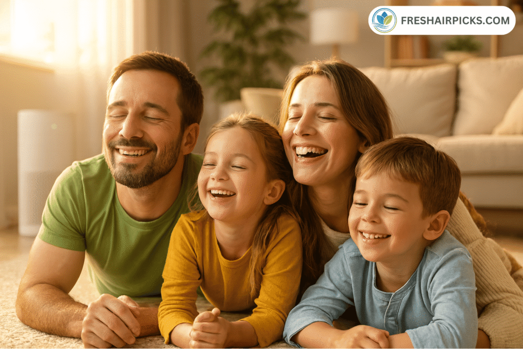 A happy, healthy family relaxing on the floor in a clean home with a fresh air purifier in the background.