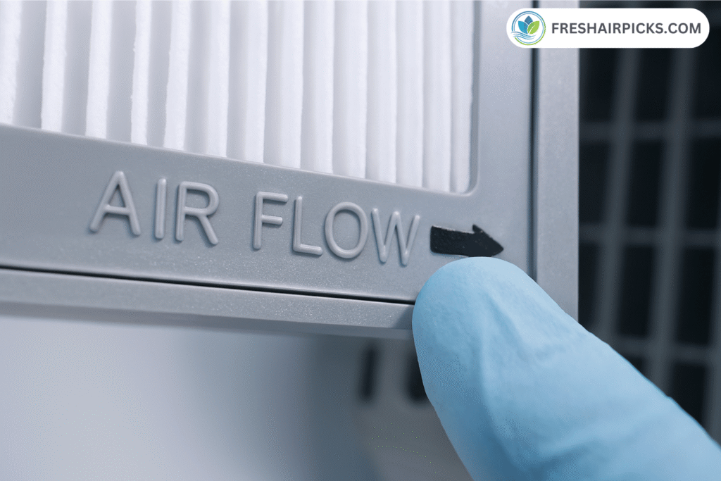 Close up of a gloved finger pointing to the Air Flow arrow on the side of a new HEPA filter frame.