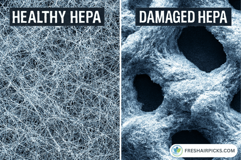Microscope comparison showing healthy dry HEPA fibers vs damaged wet fibers that are matted and clumped.