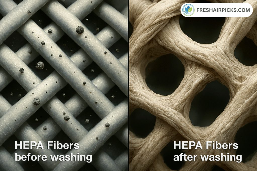Microscopic split screen showing intact HEPA fibers vs damaged swollen fibers after washing with water.