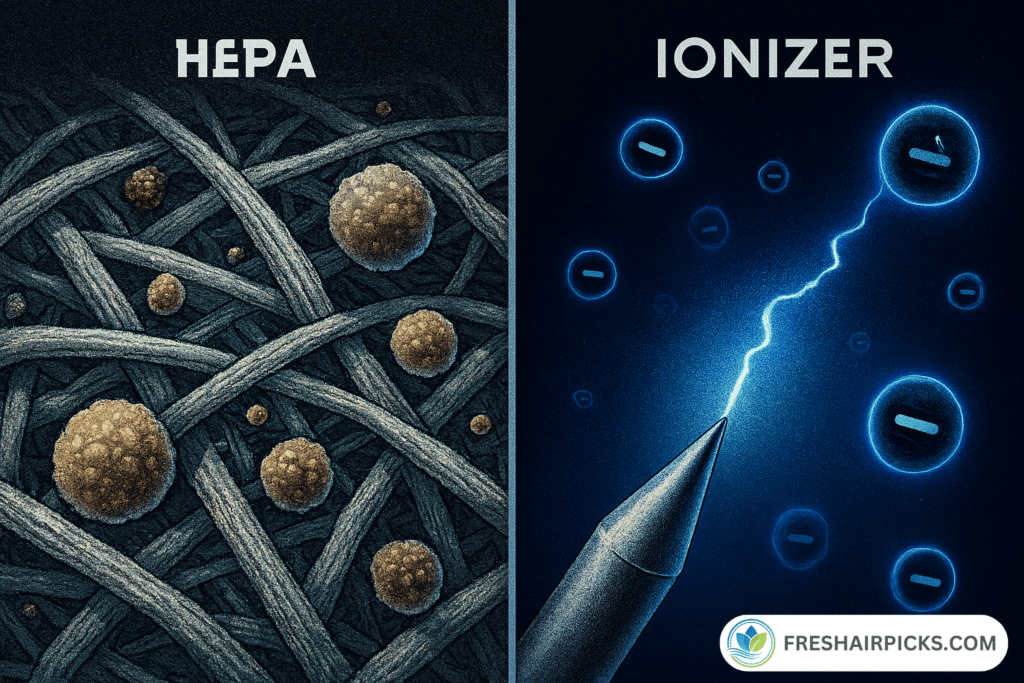 A split-screen, microscopic view comparing HEPA's dense fibers trapping particles, against an ionizer's needlepoint emitting an electrical charge (corona discharge).