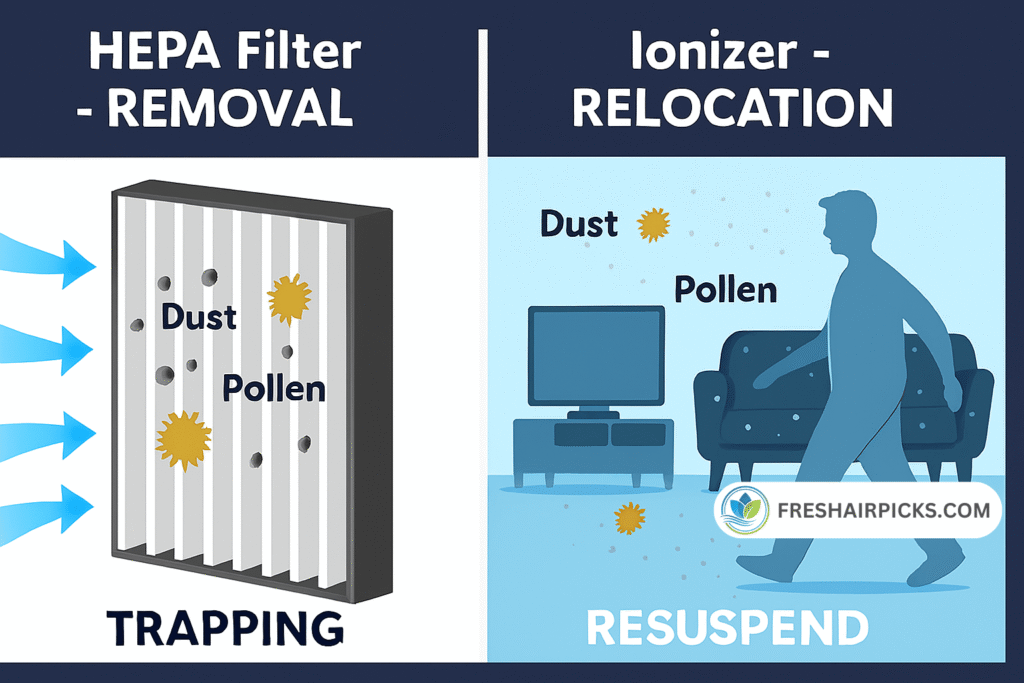 A comparison infographic showing a HEPA filter 'trapping' particles (removal), versus an ionizer making particles stick to surfaces (relocation) where they can be 'resuspended'.