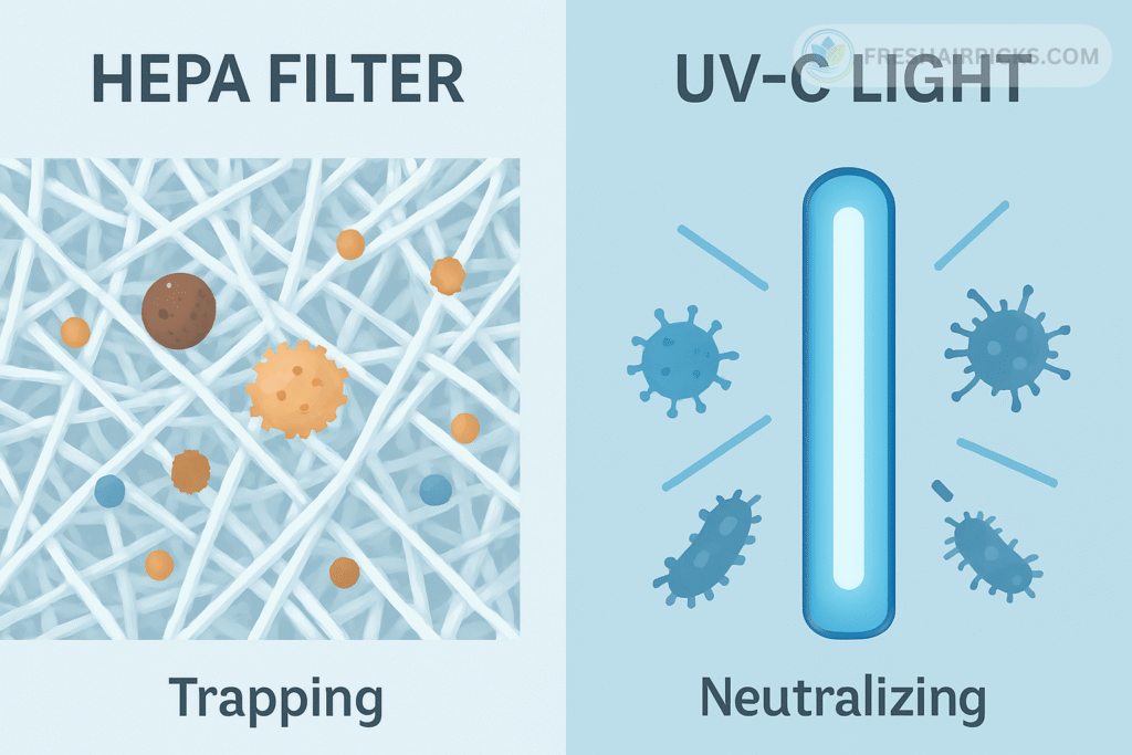 An infographic comparing a HEPA filter, which shows 'Trapping' of particles, versus a UV-C light, which shows 'Neutralizing' of viruses and bacteria.