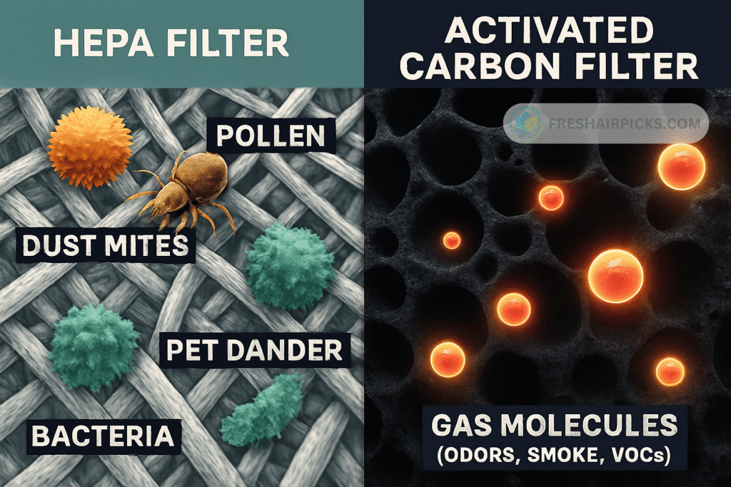 A comparison image showing a HEPA filter trapping particles like pollen and dust mites, and an Activated Carbon filter trapping gas molecules like odors and VOCs.