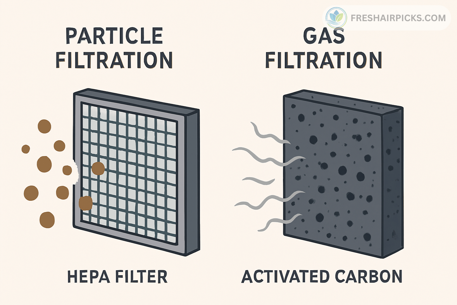 Close-up comparison of a HEPA filter grid for particles and an Activated Carbon sponge for gases.