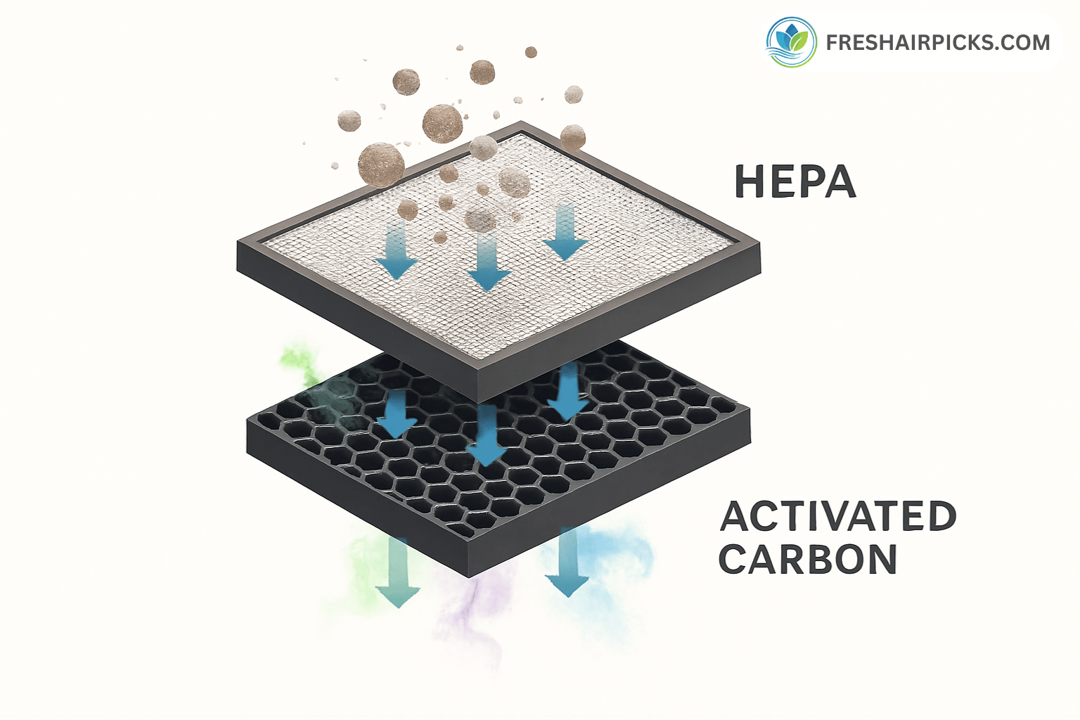 3D diagram showing HEPA filter layer trapping dust particles and Activated Carbon layer absorbing gases.