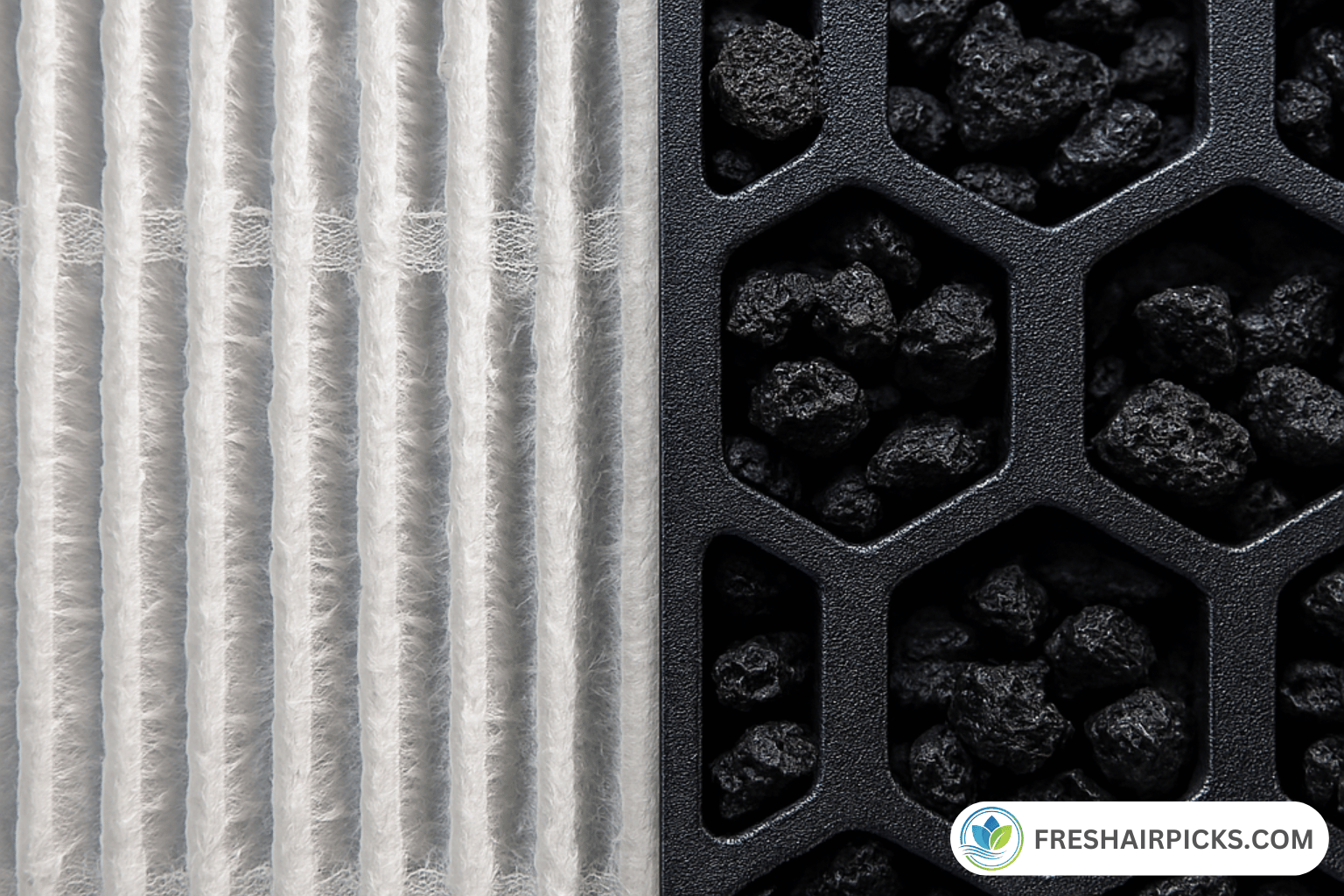 Split macro photography showing dense white HEPA fibers on the left and black activated carbon pellets on the right.