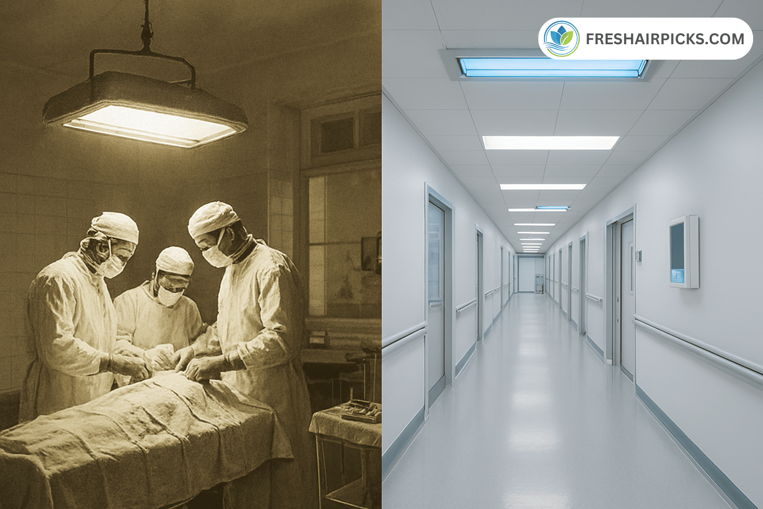 A split image showing the historical use of UV light in a 1930s surgery (left) and the modern use of a UVGI lamp in a clean hospital corridor (right).