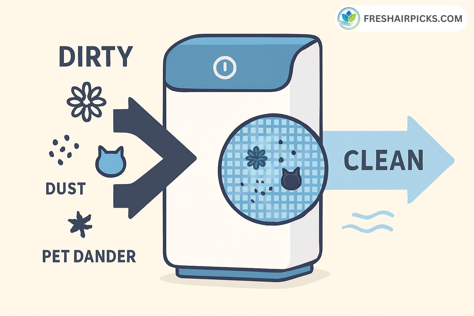 Diagram showing dirty air with dust and dander entering an air purifier and clean air coming out.