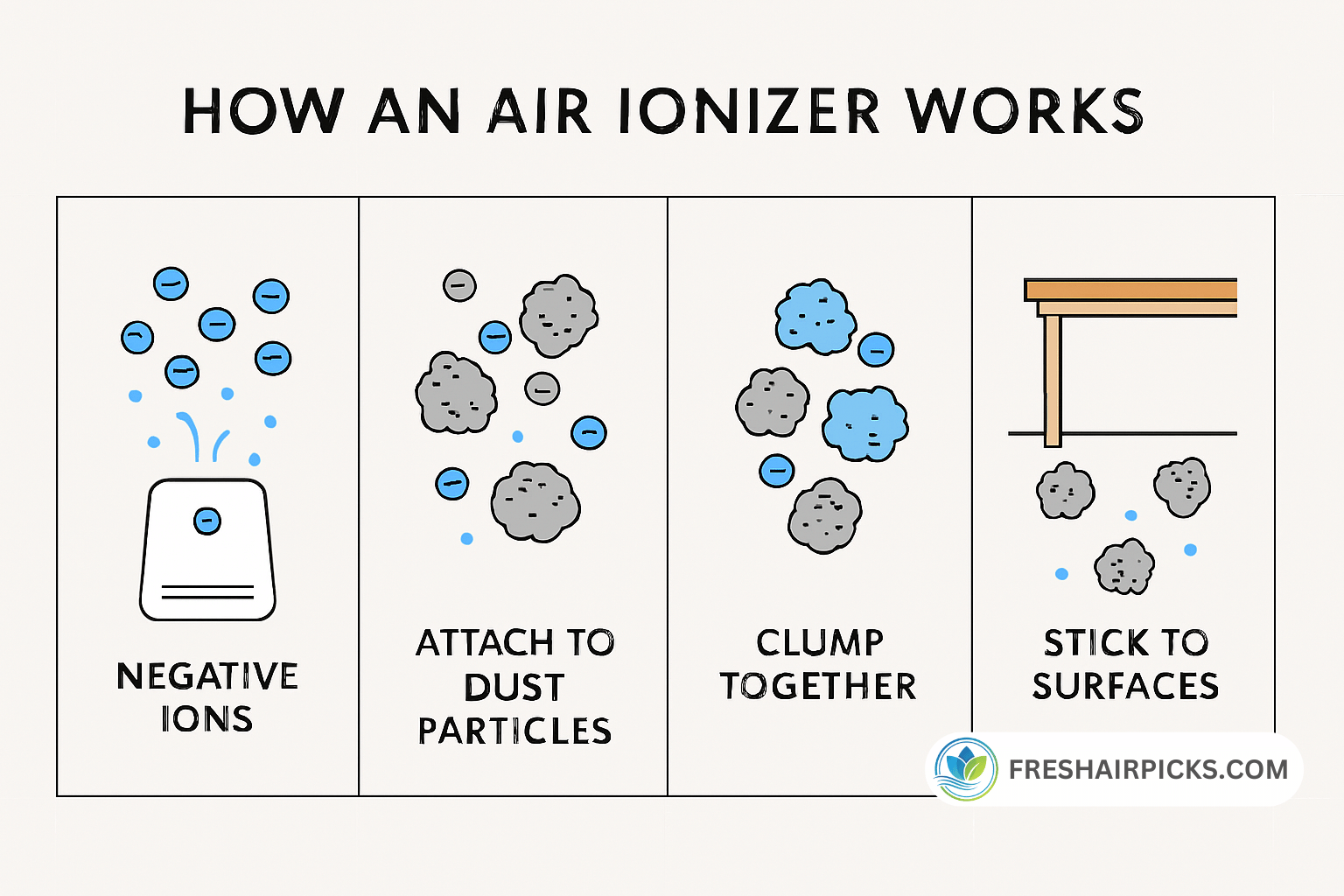 A 4-panel diagram showing how an air ionizer works: 1. Releasing negative ions. 2. Ions attach to dust. 3. Particles clump together. 4. Clumps stick to surfaces.