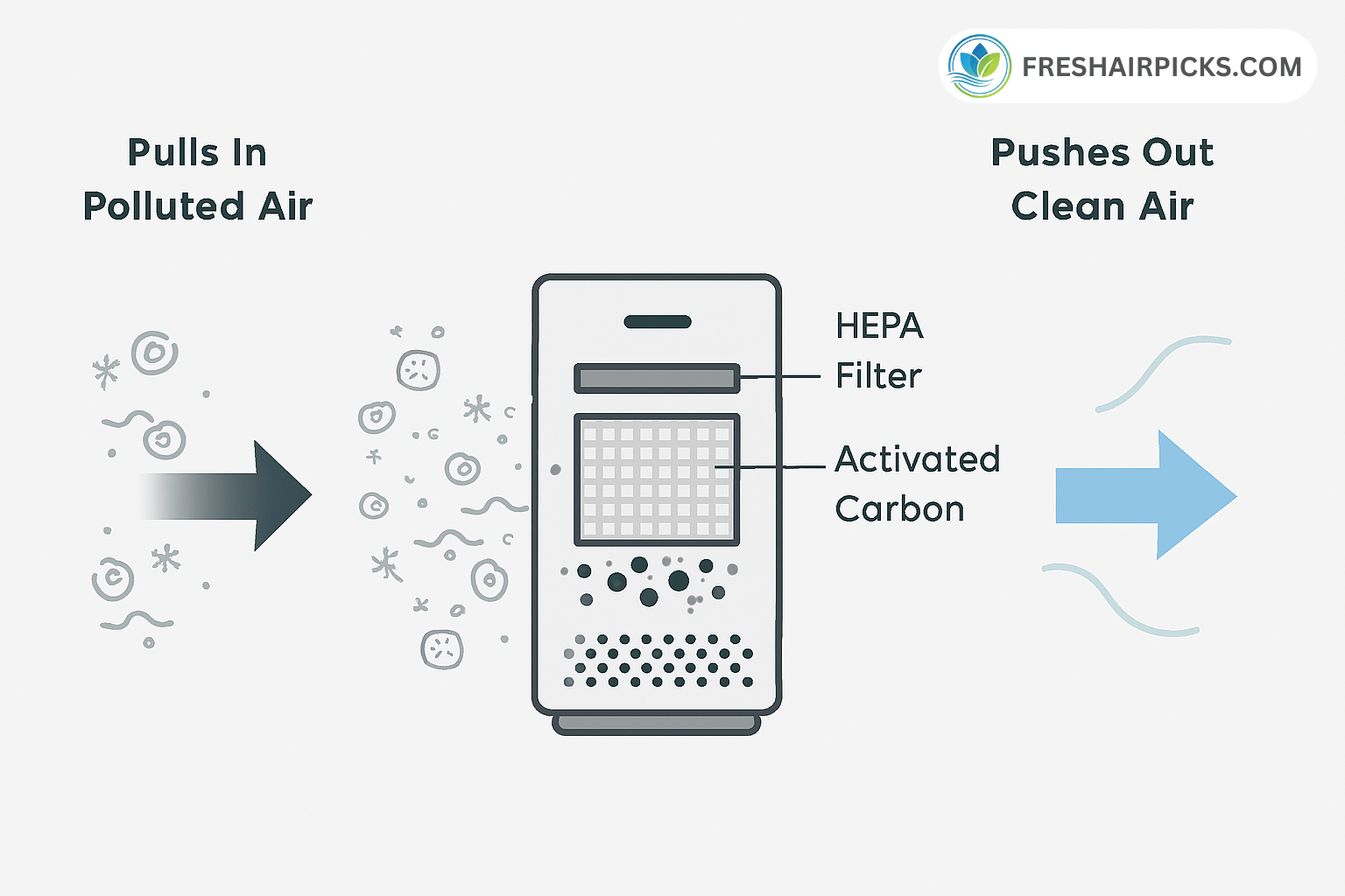 A diagram showing how an air purifier works by pulling in polluted air, passing it through a HEPA and Activated Carbon filter, and pushing out clean air.