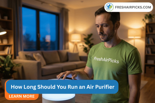 Man confused about air purifier settings asking how long should you run an air purifier 24/7 - Fresh Air Picks guide.