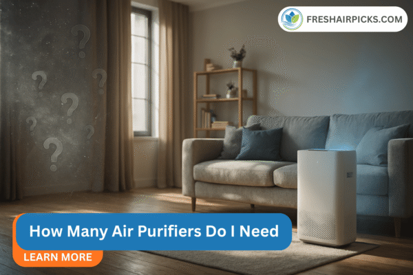 Living room showing confusion with floating question marks versus a clean air purifier solution with the text How Many Air Purifiers Do I Need.