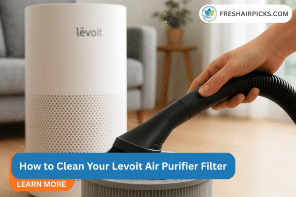 Woman vacuuming Levoit air purifier filter with FreshAirPicks guide text overlay.