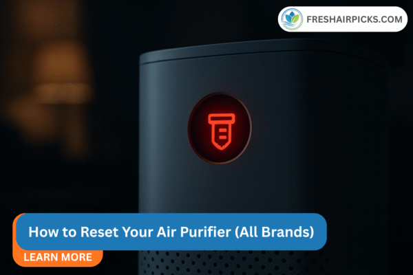 FreshAirPicks guide on how to reset air purifier red light showing a glowing warning icon with title text.