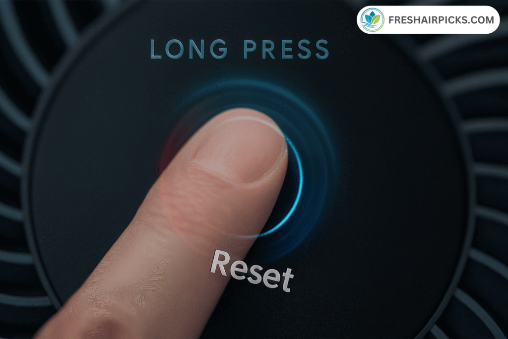 Finger long-pressing the reset button on an air purifier panel to fix the red light issue.