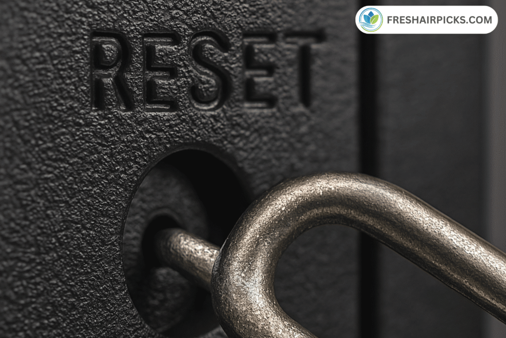 Macro close-up of a paperclip being inserted into the recessed reset button hole on a black air purifier unit.