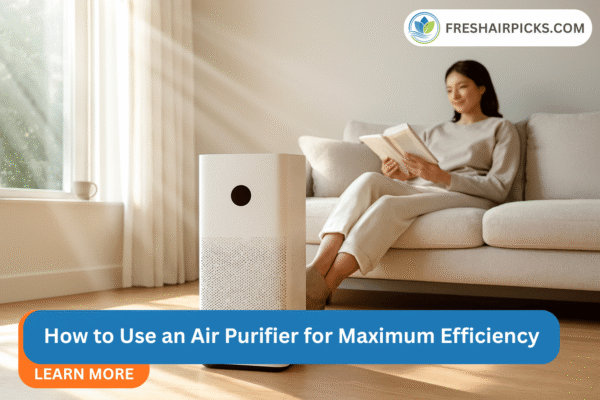 Woman reading in a clean living room with a white air purifier, featuring the title How to Use an Air Purifier for Maximum Efficiency.