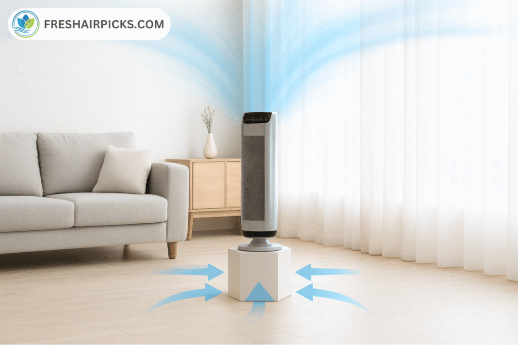 An air purifier placed on a pedestal 3 feet away from walls showing proper airflow circulation arrows in a living room.