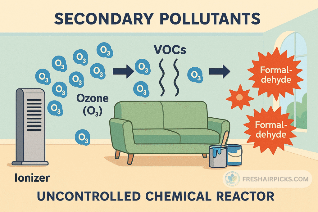 An infographic diagram showing how an ionizer releases ozone (O3), which reacts with VOCs from furniture to create new, hazardous pollutants like formaldehyde.