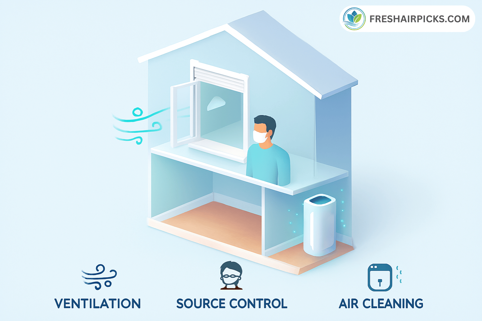 Infographic showing a 3-part home health strategy: Ventilation (open window), Source Control (mask), and Air Cleaning (HEPA purifier).