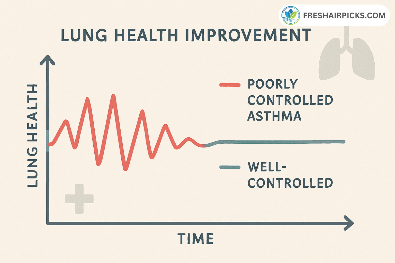 Graph showing lung health improvement over time for poorly controlled asthma after using an air purifier.