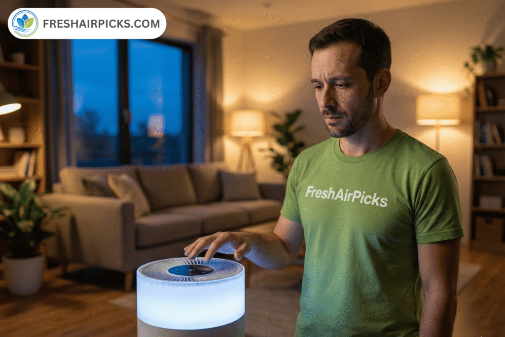 A man looking at the control panel of a FreshAirPicks air purifier, concerned about electricity costs and filter replacement.