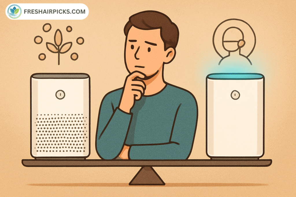 A man thinking as he weighs two air purifier options: one for allergies (pollen icon) and one with a UV light for germs (immuno-compromised icon).