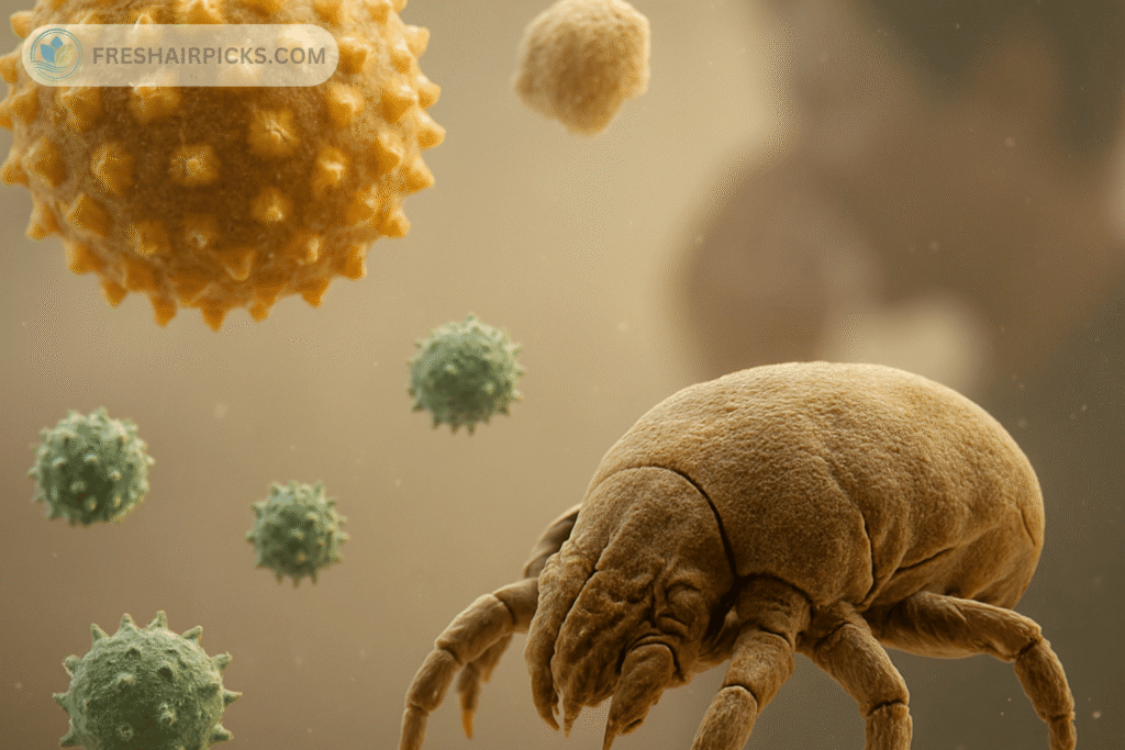 A microscopic 3D view of common airborne allergens including a dust mite, pollen grains, and mold spores, with a person sneezing in the background.