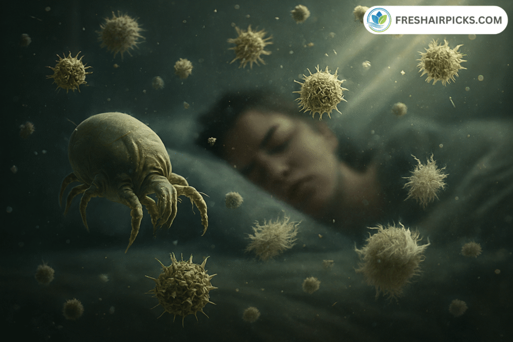 Macro photo of large dust mites and allergens floating near a sleeping person, illustrating the 'Sleep Thieves' concept (PM2.5, dander).