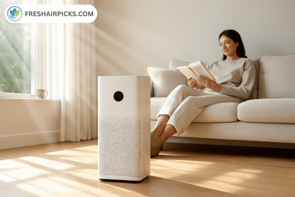 A modern white air purifier placed centrally in a sunlit living room with a woman reading on the sofa, demonstrating clean air environment.