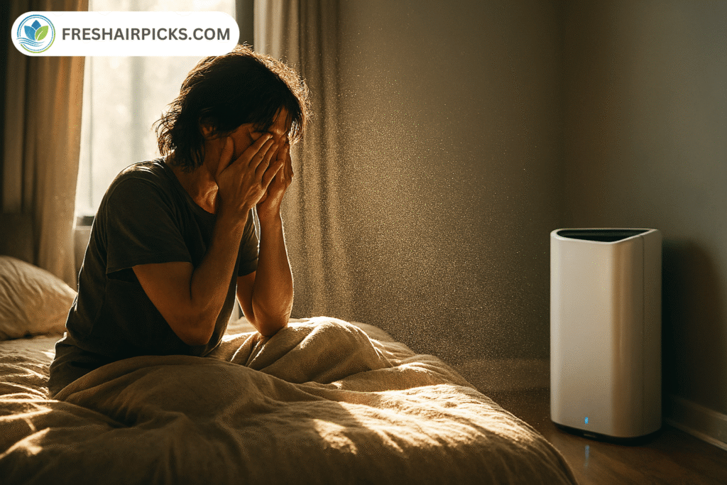 Woman sitting in bed rubbing eyes surrounded by visible airborne dust motes in morning sunlight.