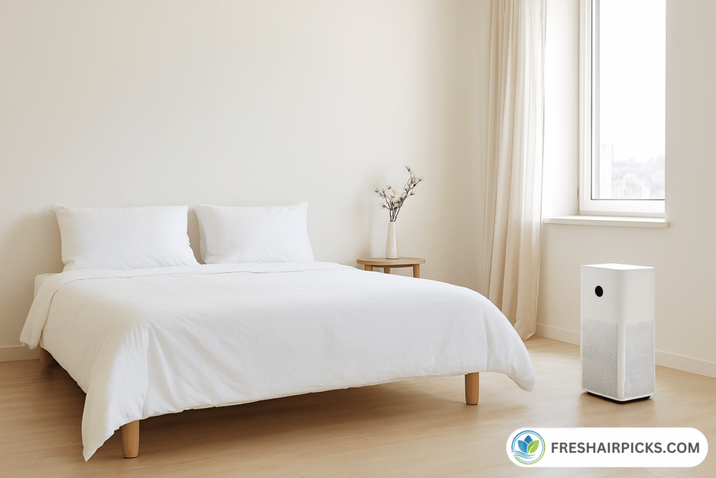 Modern air purifier placed in a clean white bedroom with open space around it for airflow.