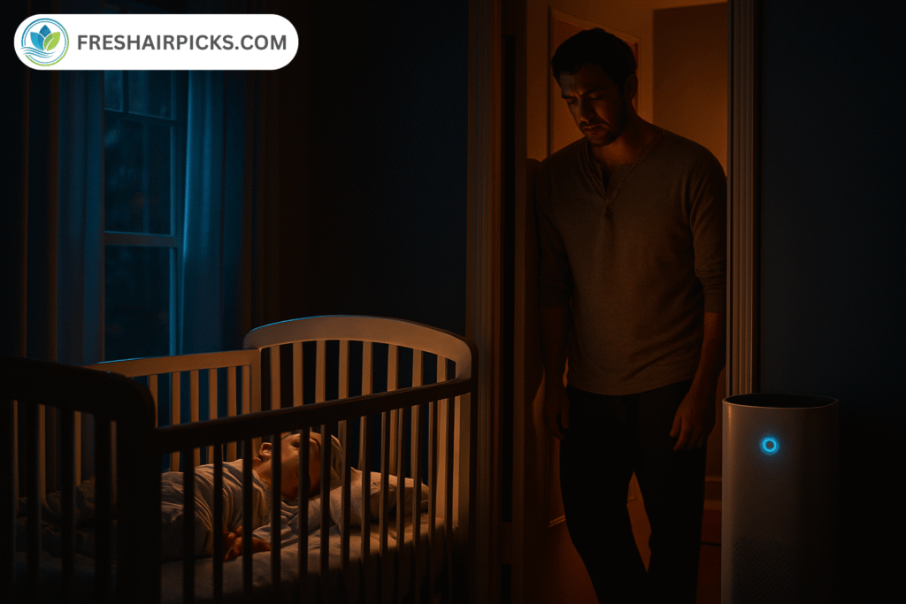A concerned father standing in a dimly lit nursery watching his sleeping child, with a blue-light air purifier running in the background.