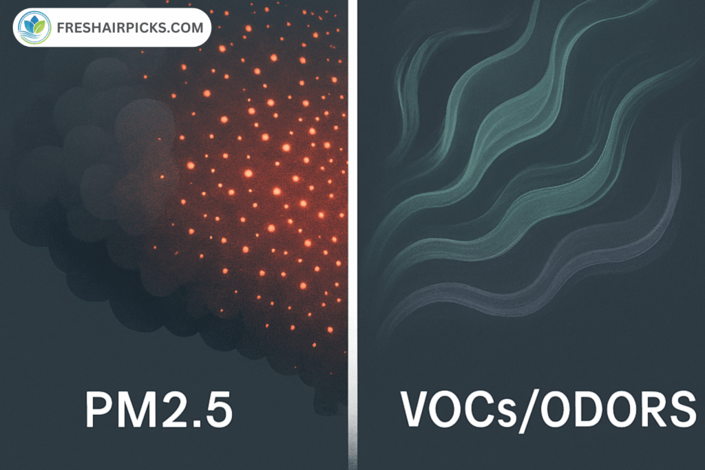 An infographic visually separating the two parts of smoke: PM2.5, shown as tiny glowing red particles, and VOCs/Odors, shown as green gaseous wisps